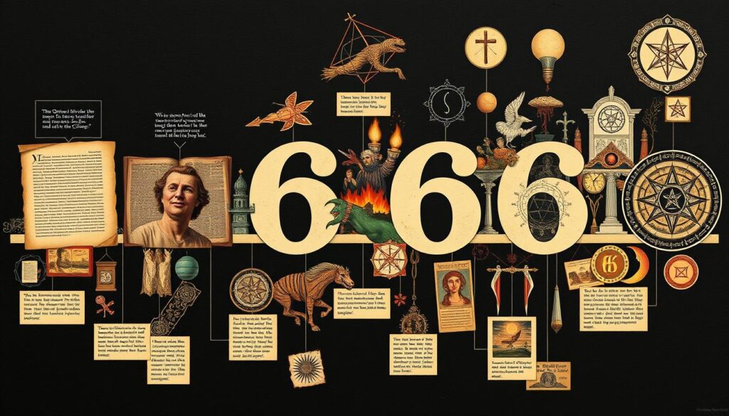 Kolaż przedstawiający różne interpretacje i znaczenia liczby 666 na przestrzeni wieków