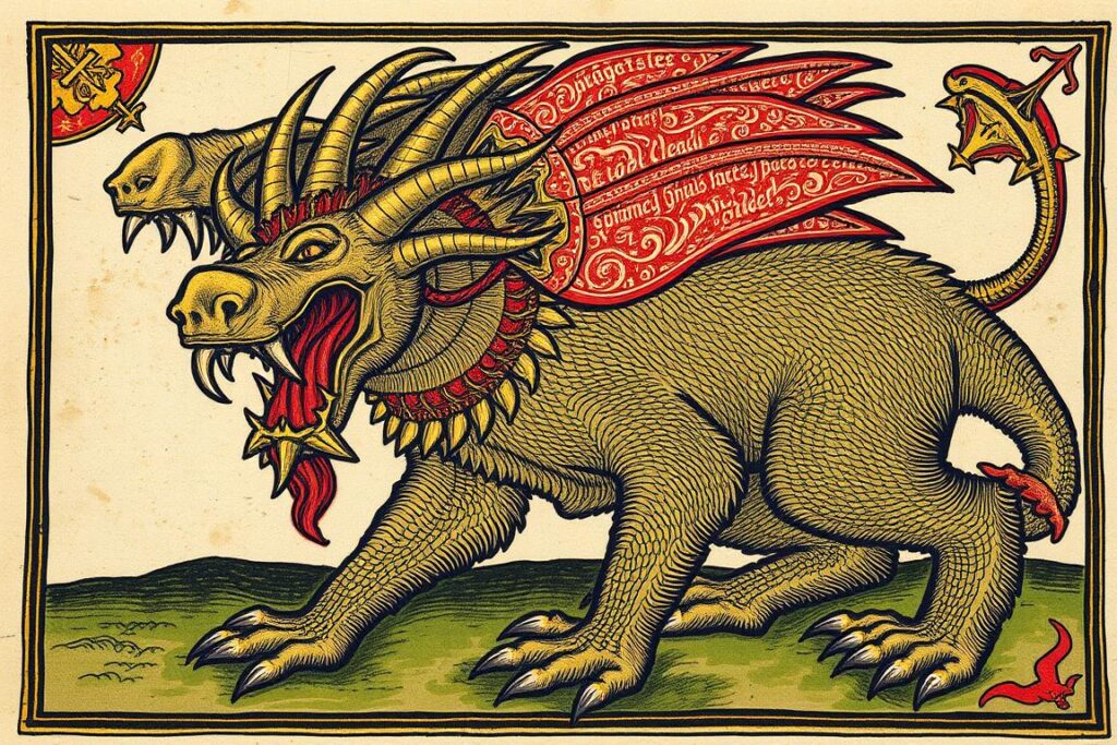 Średniowieczna ilustracja przedstawiająca Bestię z Apokalipsy