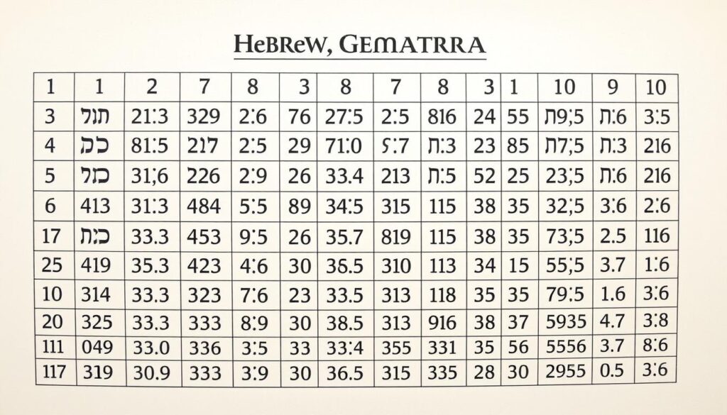 Tablica gematrii hebrajskiej pokazująca wartości liczbowe liter